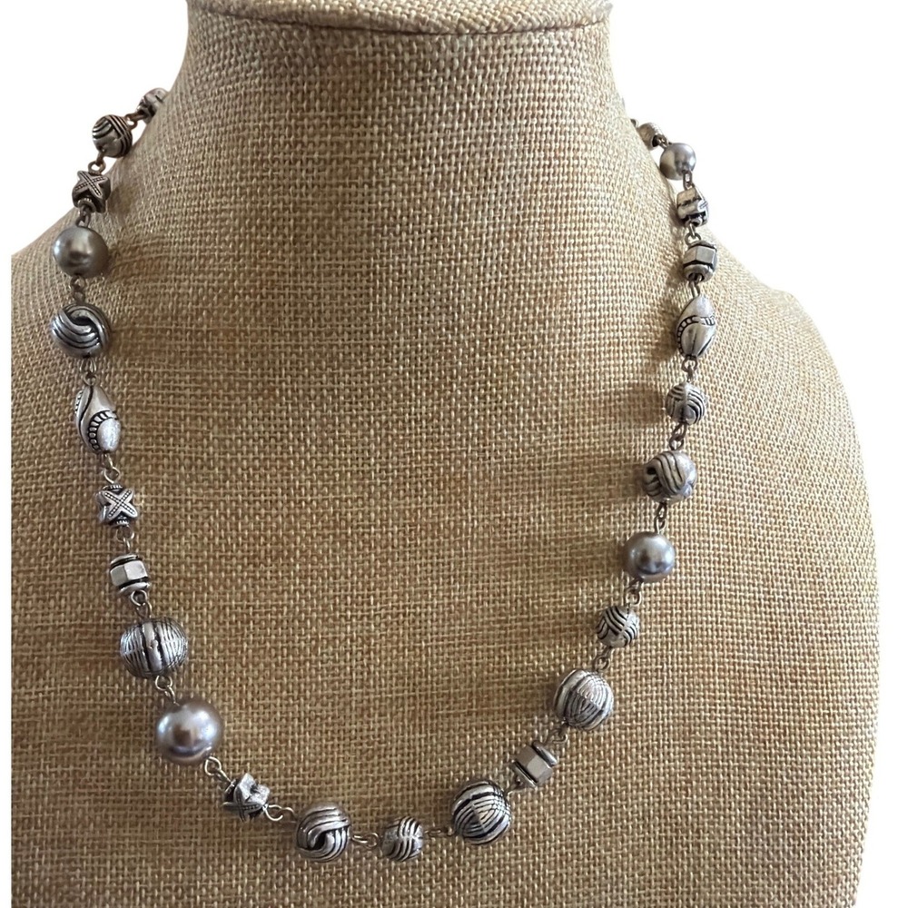 Chicos Silver Tone Mixed Textured Bead Necklace  Metallic Statement Piece‎